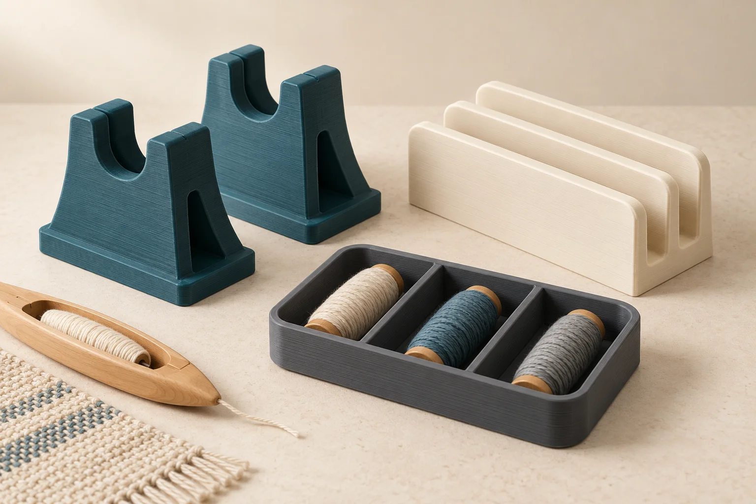 Concept collection of 3D printed loom accessories on a weaving workbench