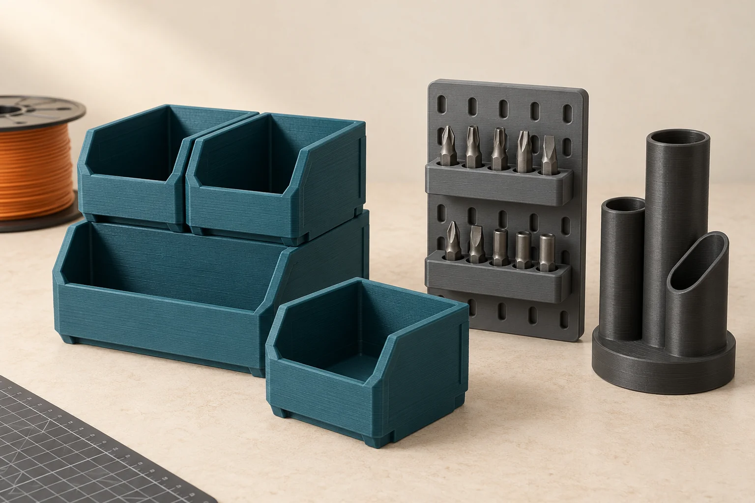 Concept collection of 3D printed tool attachments and workshop organizers